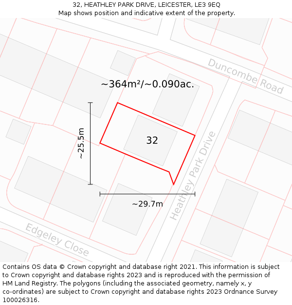 32, HEATHLEY PARK DRIVE, LEICESTER, LE3 9EQ: Plot and title map