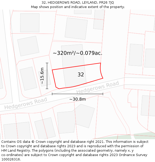 32, HEDGEROWS ROAD, LEYLAND, PR26 7JQ: Plot and title map