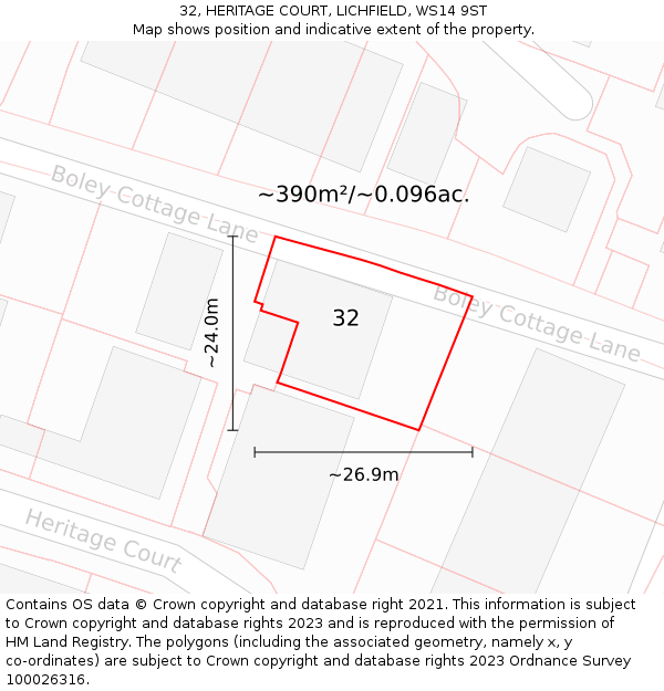32, HERITAGE COURT, LICHFIELD, WS14 9ST: Plot and title map