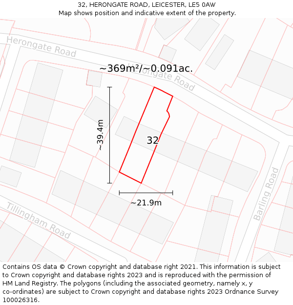 32, HERONGATE ROAD, LEICESTER, LE5 0AW: Plot and title map