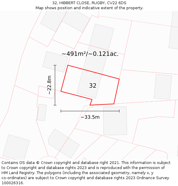 32, HIBBERT CLOSE, RUGBY, CV22 6DS: Plot and title map