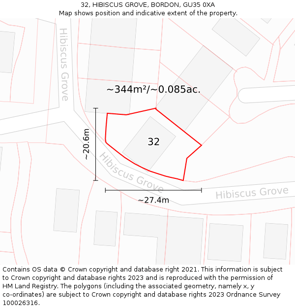 32, HIBISCUS GROVE, BORDON, GU35 0XA: Plot and title map