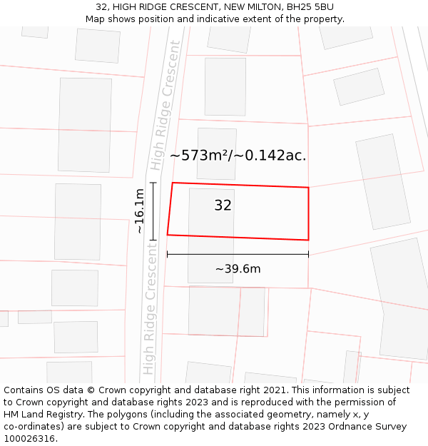 32, HIGH RIDGE CRESCENT, NEW MILTON, BH25 5BU: Plot and title map