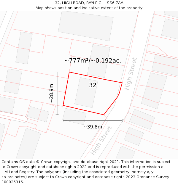 32, HIGH ROAD, RAYLEIGH, SS6 7AA: Plot and title map