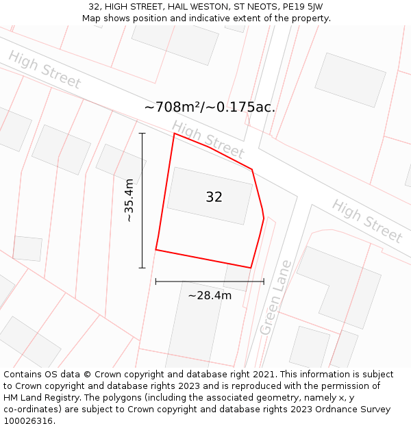 32, HIGH STREET, HAIL WESTON, ST NEOTS, PE19 5JW: Plot and title map