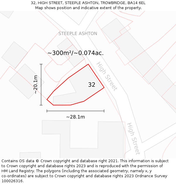 32, HIGH STREET, STEEPLE ASHTON, TROWBRIDGE, BA14 6EL: Plot and title map