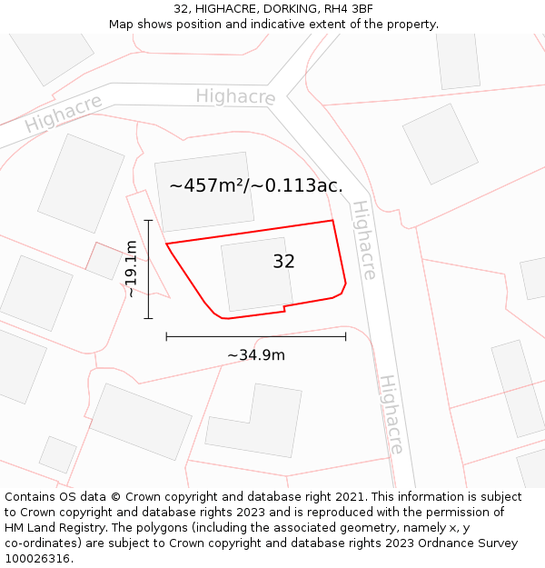 32, HIGHACRE, DORKING, RH4 3BF: Plot and title map