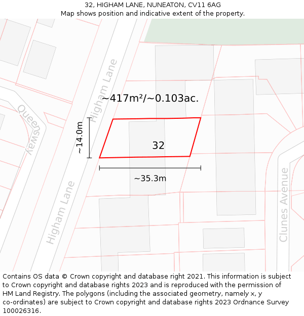 32, HIGHAM LANE, NUNEATON, CV11 6AG: Plot and title map