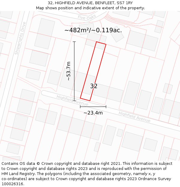 32, HIGHFIELD AVENUE, BENFLEET, SS7 1RY: Plot and title map