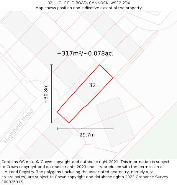 32, HIGHFIELD ROAD, CANNOCK, WS12 2DX: Plot and title map