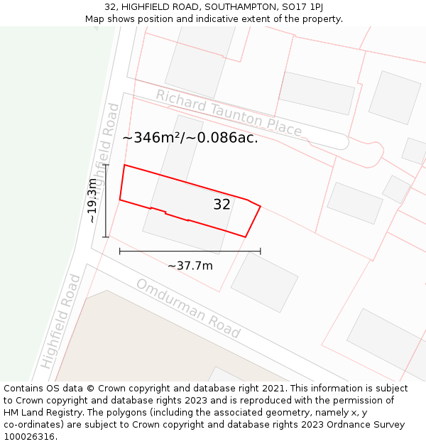 32, HIGHFIELD ROAD, SOUTHAMPTON, SO17 1PJ: Plot and title map