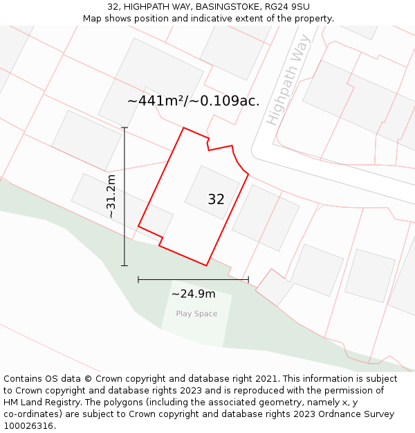 32, HIGHPATH WAY, BASINGSTOKE, RG24 9SU: Plot and title map