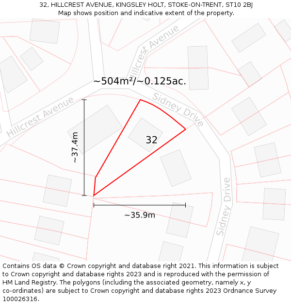 32, HILLCREST AVENUE, KINGSLEY HOLT, STOKE-ON-TRENT, ST10 2BJ: Plot and title map