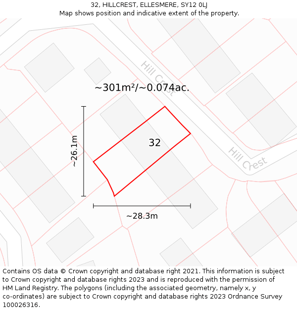 32, HILLCREST, ELLESMERE, SY12 0LJ: Plot and title map