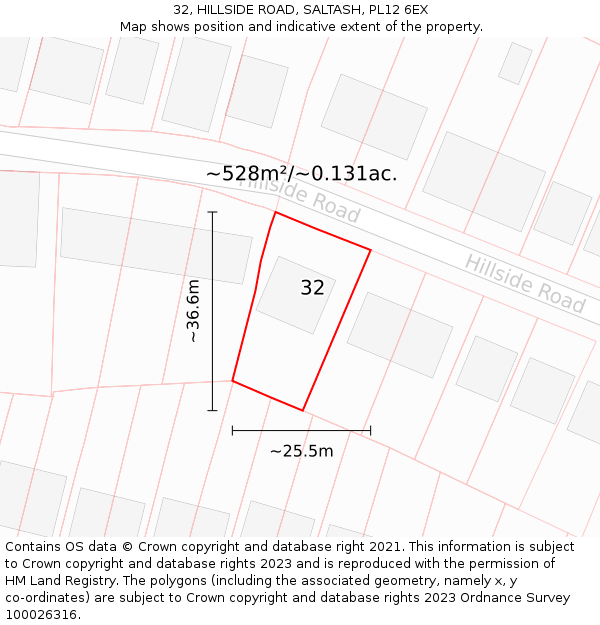 32, HILLSIDE ROAD, SALTASH, PL12 6EX: Plot and title map