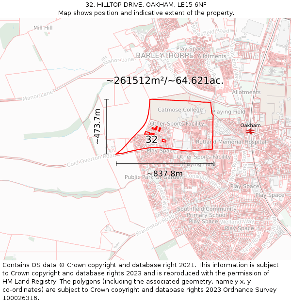 32, HILLTOP DRIVE, OAKHAM, LE15 6NF: Plot and title map