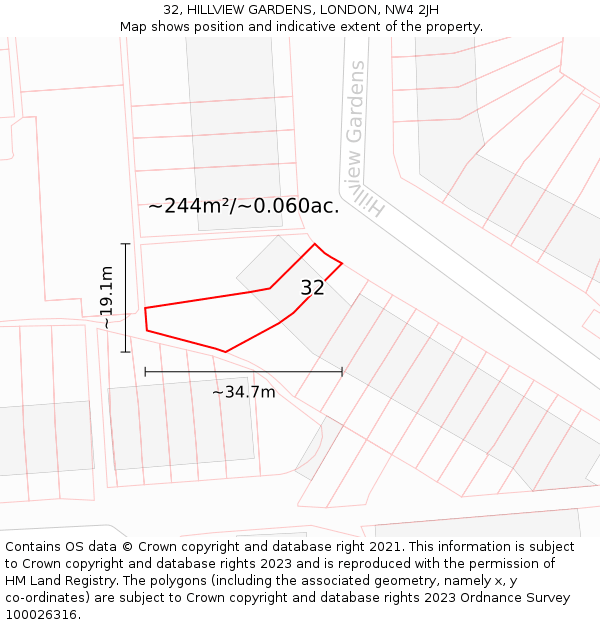 32, HILLVIEW GARDENS, LONDON, NW4 2JH: Plot and title map