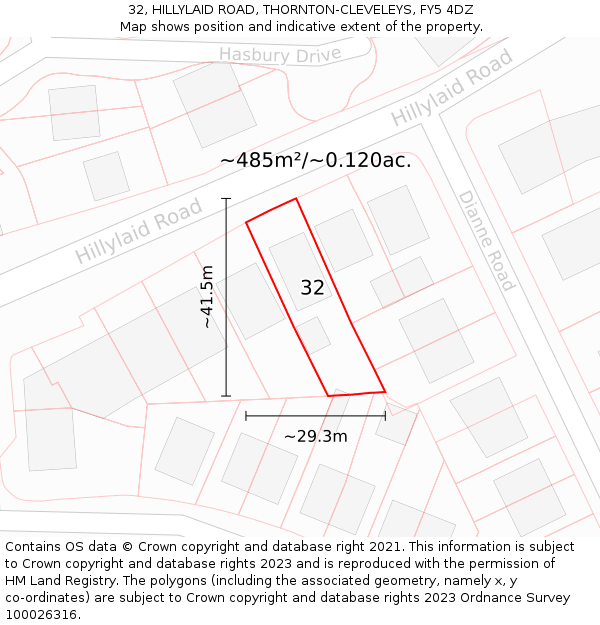 32, HILLYLAID ROAD, THORNTON-CLEVELEYS, FY5 4DZ: Plot and title map