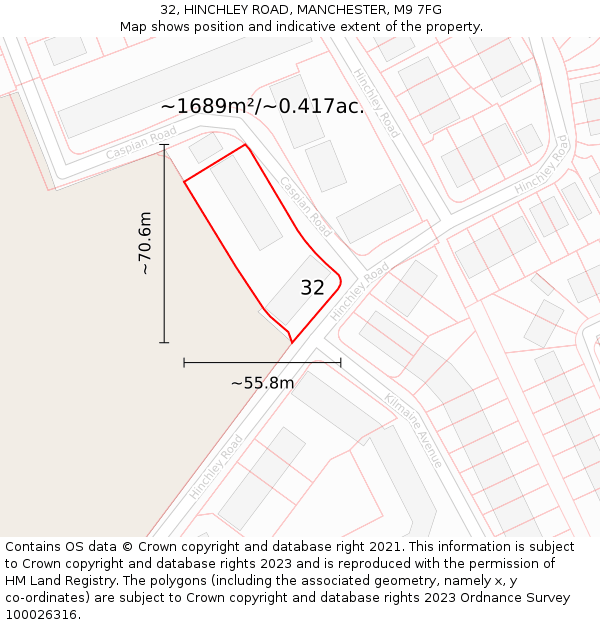 32, HINCHLEY ROAD, MANCHESTER, M9 7FG: Plot and title map