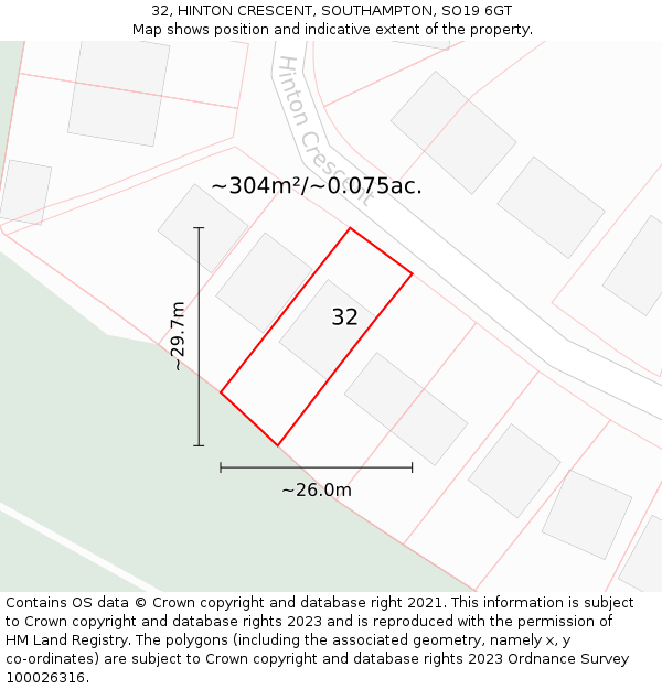 32, HINTON CRESCENT, SOUTHAMPTON, SO19 6GT: Plot and title map