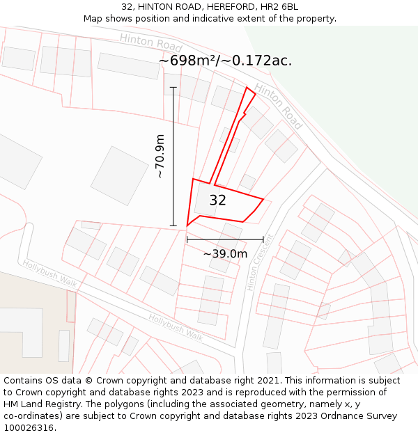32, HINTON ROAD, HEREFORD, HR2 6BL: Plot and title map