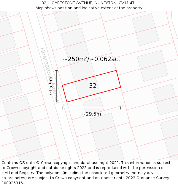 32, HOARESTONE AVENUE, NUNEATON, CV11 4TH: Plot and title map