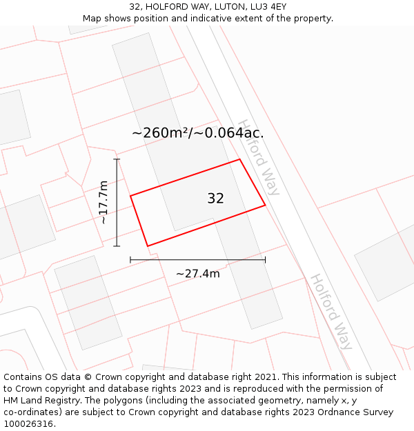 32, HOLFORD WAY, LUTON, LU3 4EY: Plot and title map