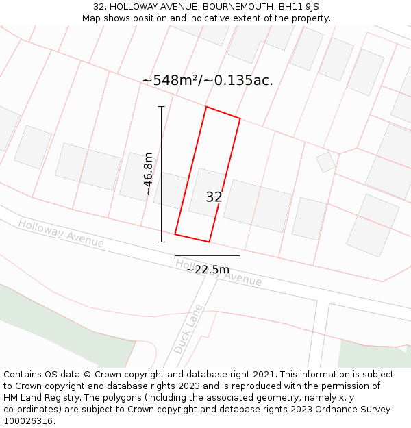 32, HOLLOWAY AVENUE, BOURNEMOUTH, BH11 9JS: Plot and title map