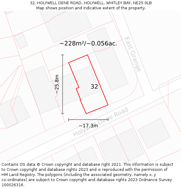 32, HOLYWELL DENE ROAD, HOLYWELL, WHITLEY BAY, NE25 0LB: Plot and title map