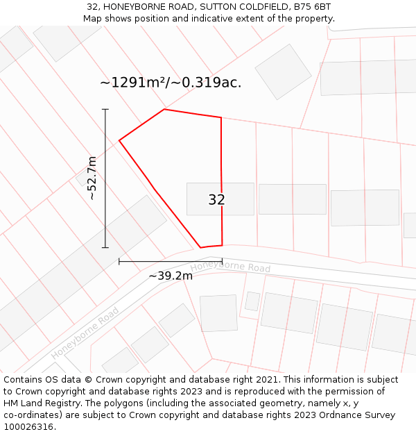 32, HONEYBORNE ROAD, SUTTON COLDFIELD, B75 6BT: Plot and title map