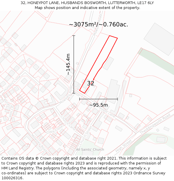 32, HONEYPOT LANE, HUSBANDS BOSWORTH, LUTTERWORTH, LE17 6LY: Plot and title map