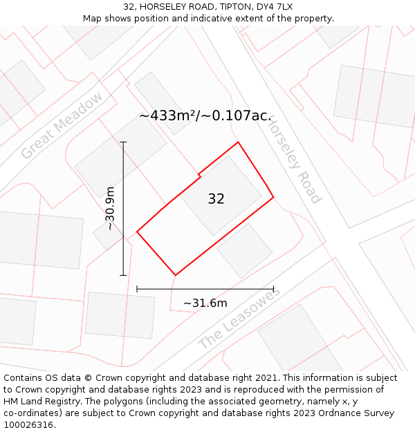 32, HORSELEY ROAD, TIPTON, DY4 7LX: Plot and title map