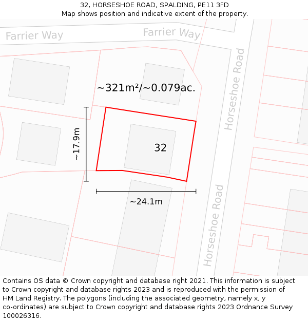 32, HORSESHOE ROAD, SPALDING, PE11 3FD: Plot and title map