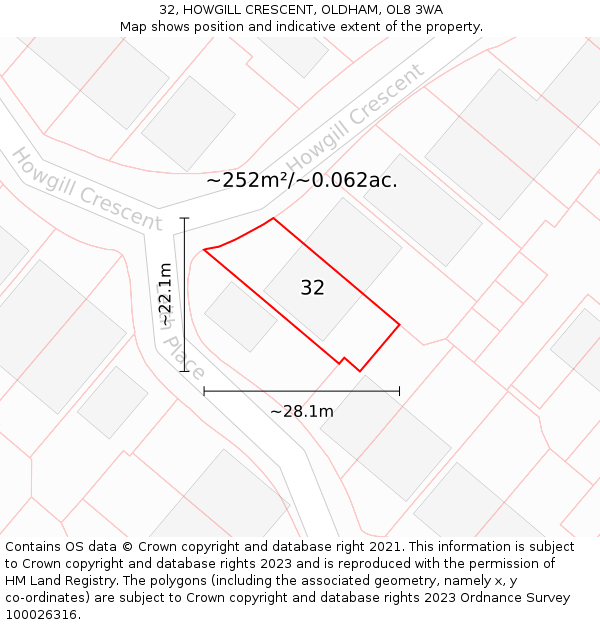 32, HOWGILL CRESCENT, OLDHAM, OL8 3WA: Plot and title map