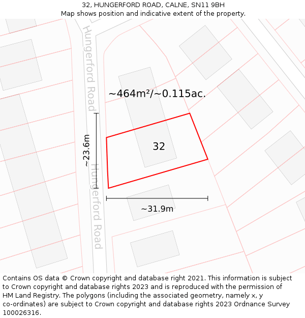 32, HUNGERFORD ROAD, CALNE, SN11 9BH: Plot and title map