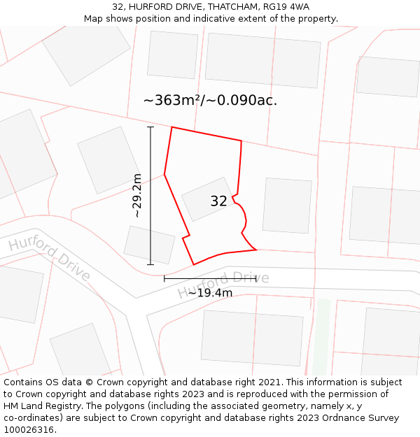 32, HURFORD DRIVE, THATCHAM, RG19 4WA: Plot and title map