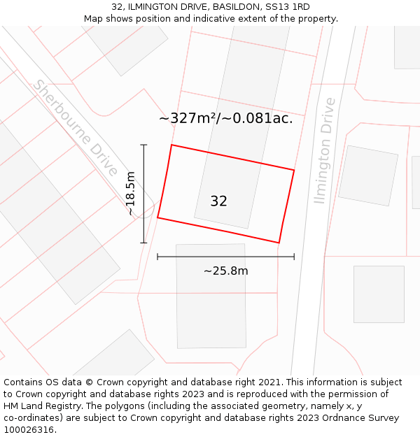 32, ILMINGTON DRIVE, BASILDON, SS13 1RD: Plot and title map