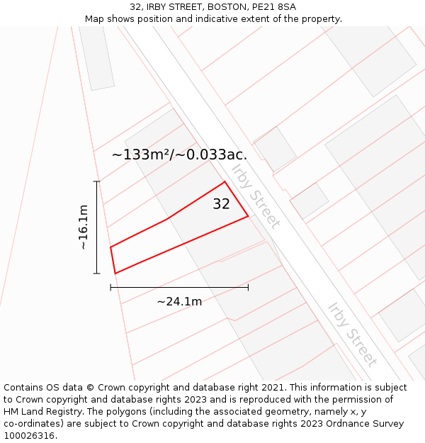 32, IRBY STREET, BOSTON, PE21 8SA: Plot and title map