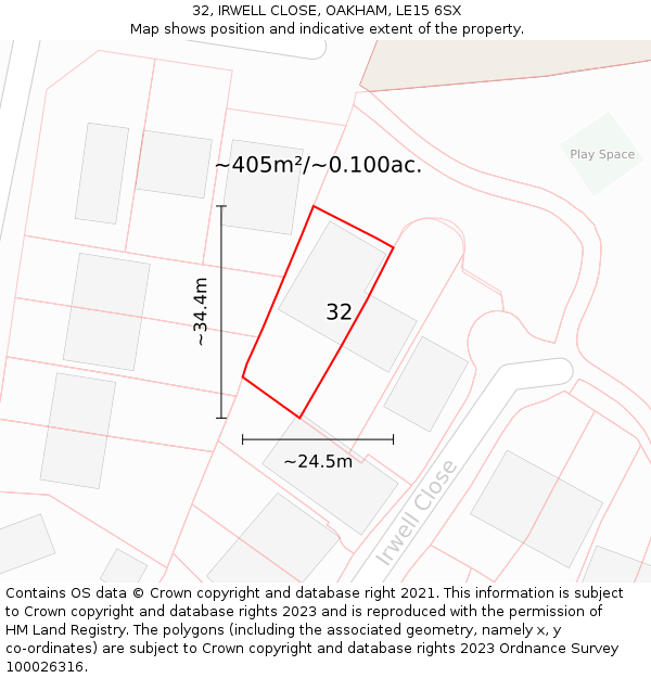 32, IRWELL CLOSE, OAKHAM, LE15 6SX: Plot and title map