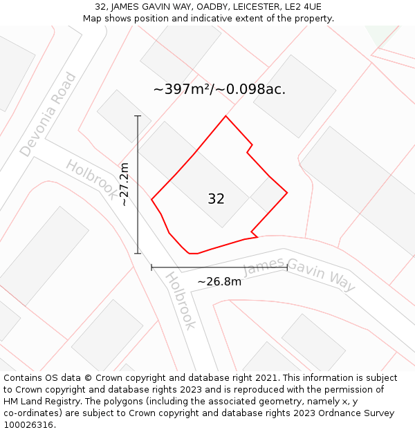 32, JAMES GAVIN WAY, OADBY, LEICESTER, LE2 4UE: Plot and title map