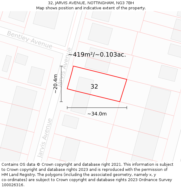 32, JARVIS AVENUE, NOTTINGHAM, NG3 7BH: Plot and title map