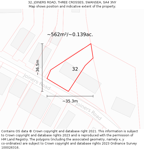 32, JOINERS ROAD, THREE CROSSES, SWANSEA, SA4 3NY: Plot and title map