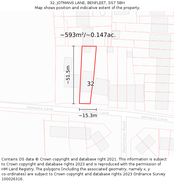 32, JOTMANS LANE, BENFLEET, SS7 5BH: Plot and title map