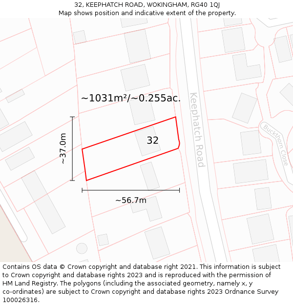 32, KEEPHATCH ROAD, WOKINGHAM, RG40 1QJ: Plot and title map