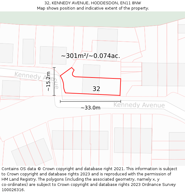 32, KENNEDY AVENUE, HODDESDON, EN11 8NW: Plot and title map