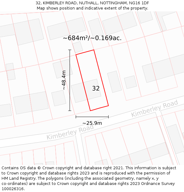 32, KIMBERLEY ROAD, NUTHALL, NOTTINGHAM, NG16 1DF: Plot and title map