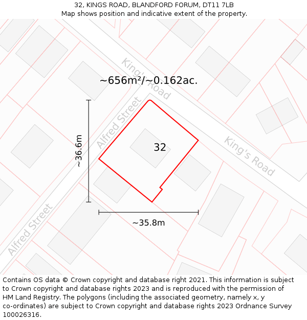 32, KINGS ROAD, BLANDFORD FORUM, DT11 7LB: Plot and title map
