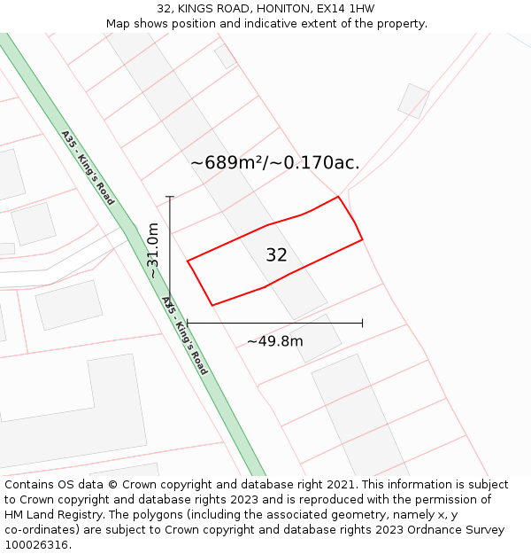 32, KINGS ROAD, HONITON, EX14 1HW: Plot and title map