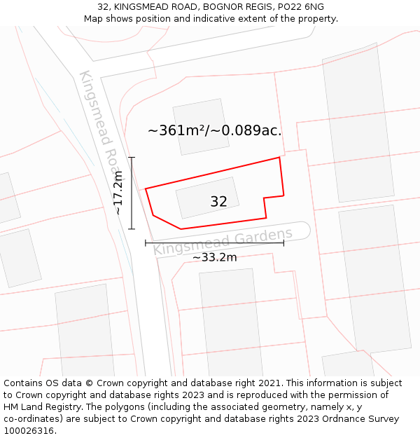 32, KINGSMEAD ROAD, BOGNOR REGIS, PO22 6NG: Plot and title map