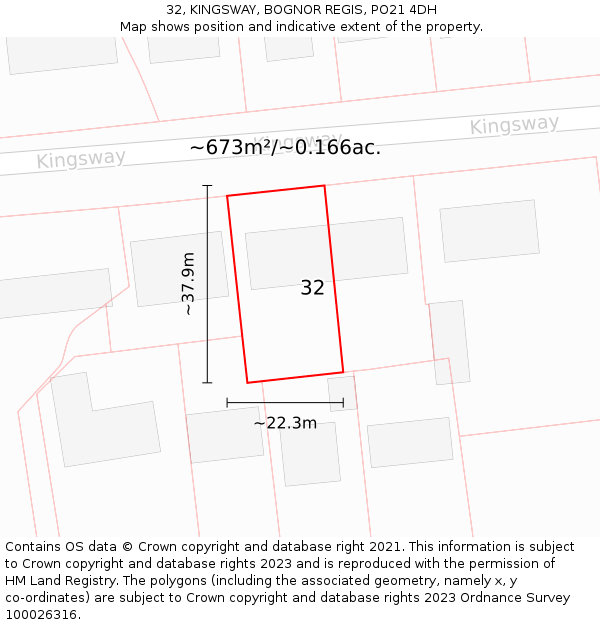 32, KINGSWAY, BOGNOR REGIS, PO21 4DH: Plot and title map